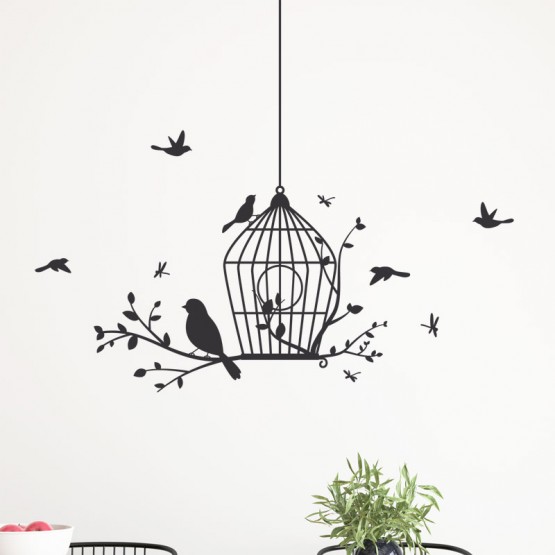 Décor mural oiseaux avec cage